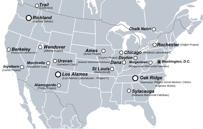 Büyük proje alanlarının işaretlendiği Amerika Birleşik Devletleri ve Güney Kanada haritası