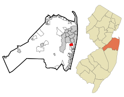 Location of Oakhurst in Monmouth County highlighted in red (left). Inset map: Location of Monmouth County in New Jersey highlighted in orange (right).