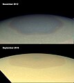 Il cambio di colore dell'esagono di Saturno tra il novembre 2012 e il settembre 2016, come osservato da Cassini.