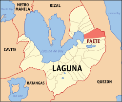 Mapa ng Laguna na nagpapakita ng lokasyon ng Paete.