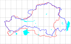 خط آبی مرزهای اولیه جمهوری و خط قرمز مرز اوبلاست خودمختار تووا