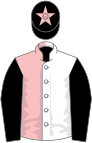 Pink and white halved, black sleeves, black cap, pink star