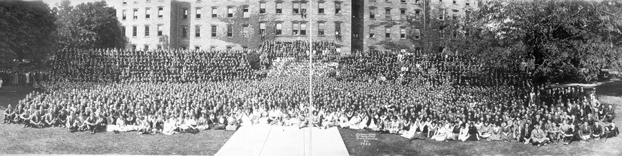 Students sit outside Pennsylvania State College, c. 1922