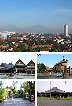 Clockwise: Skyline o Solo, Omah Sinten, Pura Mangkunagaran, Sriwedari, Windujenar Market