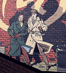 Fresque murale en couleurs avec les personnages Blake et Mortimer devant un mur portant une marque jaune.