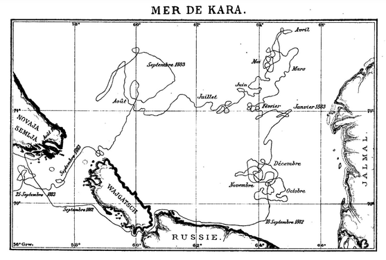 Hartă a derivei vasului Dijmphna prin Marea Kara în 1882-83. Dacă ar fi reușit, această expediție ar fi descoperit teritoriul cunoscut acum ca Severnaia Zemlea.