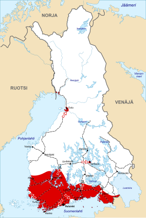 핀란드 내전 개전 시점의 세력상황. 붉은색이 적핀란드의 영역.