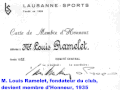 Carte de membre d’honneur de Louis Ramelet, fondateur du club.