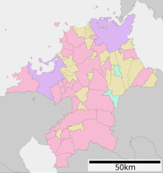 Mapa konturowa prefektury Fukuoka, blisko centrum u góry znajduje się punkt z opisem „Hisayama”