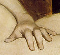 Olympia'nın elinin detayı. El dikkati oraya çekmek istermişcesine cinsel organının üstündedir.[49]