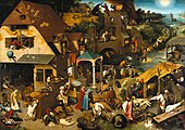 Pieter Bruegel den eldres «Nederlandske ordspråk» fra 1559. Oljemaleriet illustrerer flere ordspråk og idiomer. Maleriet er på engelsk også kalt The Topsy Turvy World («Opp-ned-verden» eller «Bakvendtland») etter blant annet jordkloden som er snudd på hodet i venstre side av bildet.