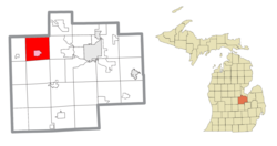 Location within Saginaw County (red) and the administered community of Hemlock (pink)