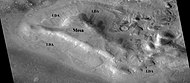 Lobate debris aprons (LDAs) around a mesa, as seen by CTX. Mesa and LDAs are labeled so one can see their relationship. Radar studies have determined that LDAs contain ice; therefore, these can be important for future colonists of Mars. Location is Ismenius Lacus quadrangle.