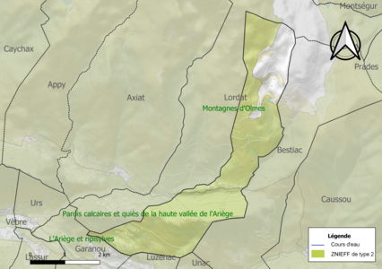 Carte des ZNIEFF de type 2 sur la commune.