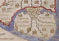 Detalle do mapa recollido no Liber Floridus de Lambert de Saint-Omer, onde poden verse o nome de Galitia, Hispania, Wascona e Lusitania entre outros. Ano 1125.