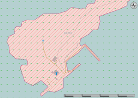 Carte montrant la partie sud de l'île. On voit l'emplacement d'un phare et d'un héliport. NR montre que la région est une réserve naturelle.