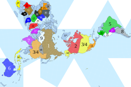 Dymaxion map of the world with the 30 largest countries and territories by total area, roughly to scale