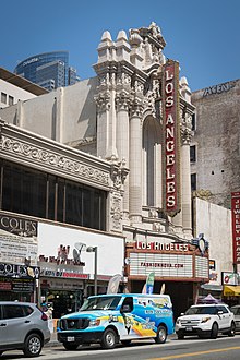 An exterior view of the Los Angeles Theatre taken during the day