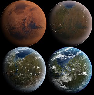 A series of four illustrations of a planet, each successive one featuring more liquid water, vegetation, clouds, and atmospheric haze