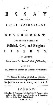 De pe pagină se poate citi: „An Essay on the First Principles of Government, and on the Nature of Political, Civil, and Religious Liberty, including Remarks on Dr. Brown's Code of Education, and on Br. Balguy's Sermon on Church Authority. The Second Edition, corrected and enlarged, by Joseph Priestley, LL.D. F.R.S. London: Printed for J. Dodsley, in Pall-Mall; T. Cadell, (successor to Mr. Millar) in the Strand; and J. Johnson, No. 72 in St. Paul's Church-Yard. MDCCLXXI.”