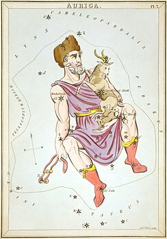 Représentation artistique de la constellation du Cocher. L'étoile brillante Capella matérialise la chevrette (d'où son nom) et Menkalinan l'épaule droite. Le pied droit est Elnath qui, dans la délimitation moderne, appartient à la constellation du Taureau. (définition réelle 2 509 × 3 584)