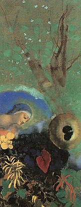 Painting depicting plant elements within which the Virgin's head emerges, similar to Leonardo da Vinci's drawing.