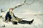 En sårad finsk krigare utsträckt på snön (1880-talet)