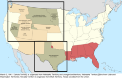 Map of the change to the United States in central North America on March 2, 1861