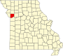 Harta statului Missouri indicând comitatul Clay