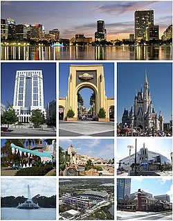 Üstten sağa: 1. sıra: Downtown Orlando; 2. sıra: Orange County Mahkemesi, Universal Studios, Florida, Walt Disney World; 3. sıra: SeaWorld Orlando, Gatorland, Amway Merkezi; 4. sıra: Lake Eola fıskiyesi, Camping World Stadyumu, Church Street Tren Garı