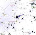 הכוכב סיריס במפת כוכב�� הלילה - מודגש בחץ בין קבוצות הכוכבים, המחוברות בקוים לשם הדגשה