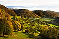 Streuobstwiesen auf den sanften Schutthalden des Albtraufs. Die Wiesen entwässern über den Bach des Weppachtals zur Lenninger Lauter