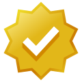 Gold-colored eight-lobed badge with checkmark icon.