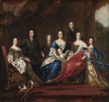 Från vänster änkedrottning Hedvig Eleonora, Karl XI, Karl XII, Ulrika Eleonora d.ä., Ulrika Eleonora d.y., Fredrik IV av Holstein Gottorp, Fredrika Amalia av Holstein Gottorp och Hedvig Sofia. Konstnär David Klöcker Ehrenstrahl, 1690-tal. Livrustkammaren.