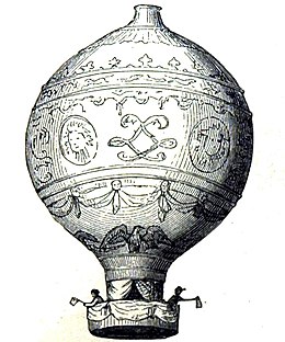 De eerste luchtballon, uitgevonden door de Gebroeders Montgolfier.