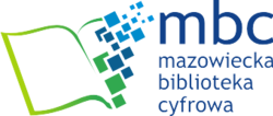 Jest to logo. Po lewej stronie otwarta książka, prawa kartka zmienia się w unoszące się piksele. Po prawej stronie litery M B C, po spodem napis Mazowiecka Biblioteka Cyfrowa