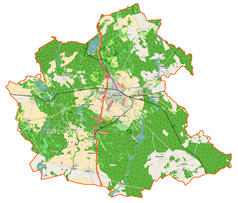 Mapa konturowa gminy Międzyrzecz, w centrum znajduje się punkt z opisem „Stacja kolejowa Międzyrzecz”