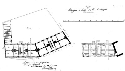 Planritningar för tillbyggnaden 1880 med den äldre delen från 1853 (vänster). Fasad mot söder och sektion (höger).