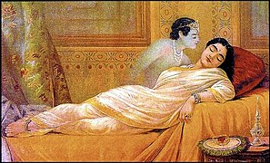 Le rêve d'Uṣā, linographie de Raja Ravi Varma