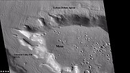 Wide CTX view of mesa showing lobate debris apron (LDA) and lineated valley fill. Both are believed to be debris covered glaciers. Location is Ismenius Lacus quadrangle.