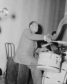 Zutty Singleton with Adele Girard on harp in 1939; photo: William P. Gottlieb