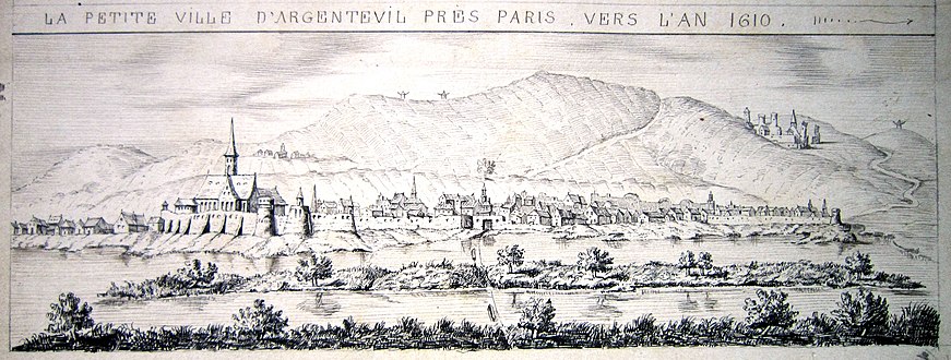 Argenteuil vers 1610 selon Claude Chastillon. La carte de Cassini met en évidence un angle de 90° entre la Seine orientée nord-es/sud-ouest et les buttes dont l'orientation est inverse.