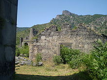 Remnants of stone wall with foliage growing through the entranceway.