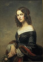 portrait, against blank pale background, of woman in late twenties, dark hair in ringlets, in dark silk dress with pelisse, holding a rose, three-quarters turned to viewer