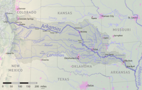 Kaart van die Arkansasrivier-bekken in Noord-Amerika.