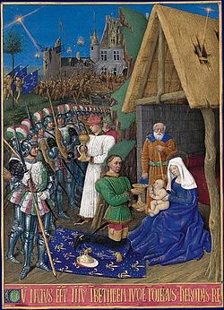 Miniature du Livre d'heures d'Etienne Chevalier : L'Adoration des mages. Réalisée par Jean Fouquet vers 1452-1460. Musée Condé, Chantilly, Ms.71