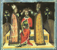 Two bishops putting a crown on the head of a man sitting on a throne