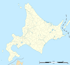 Mapa konturowa Hokkaido, blisko centrum na prawo znajduje się punkt z opisem „Oketo”