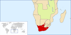 Tanjung Harapan sekitar tahun 1890 Wilayah Griqualand Timur dan Barat sudah dianeksasi Stellaland/Goshen (merah muda) diklaim