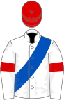 White, royal blue sash, white sleeves, red armlets, red cap